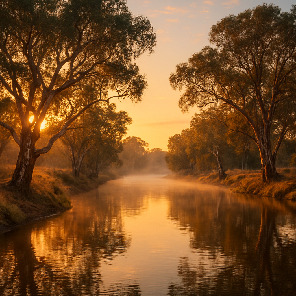 Lachlan River at sunrise with red river gum trees